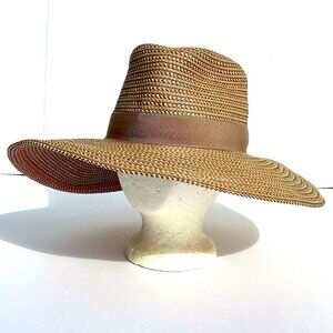 Women’s Eric Javits “Daphne” Woven Wide-Brim Fedora Hat Tan/Peach UPF 50+
